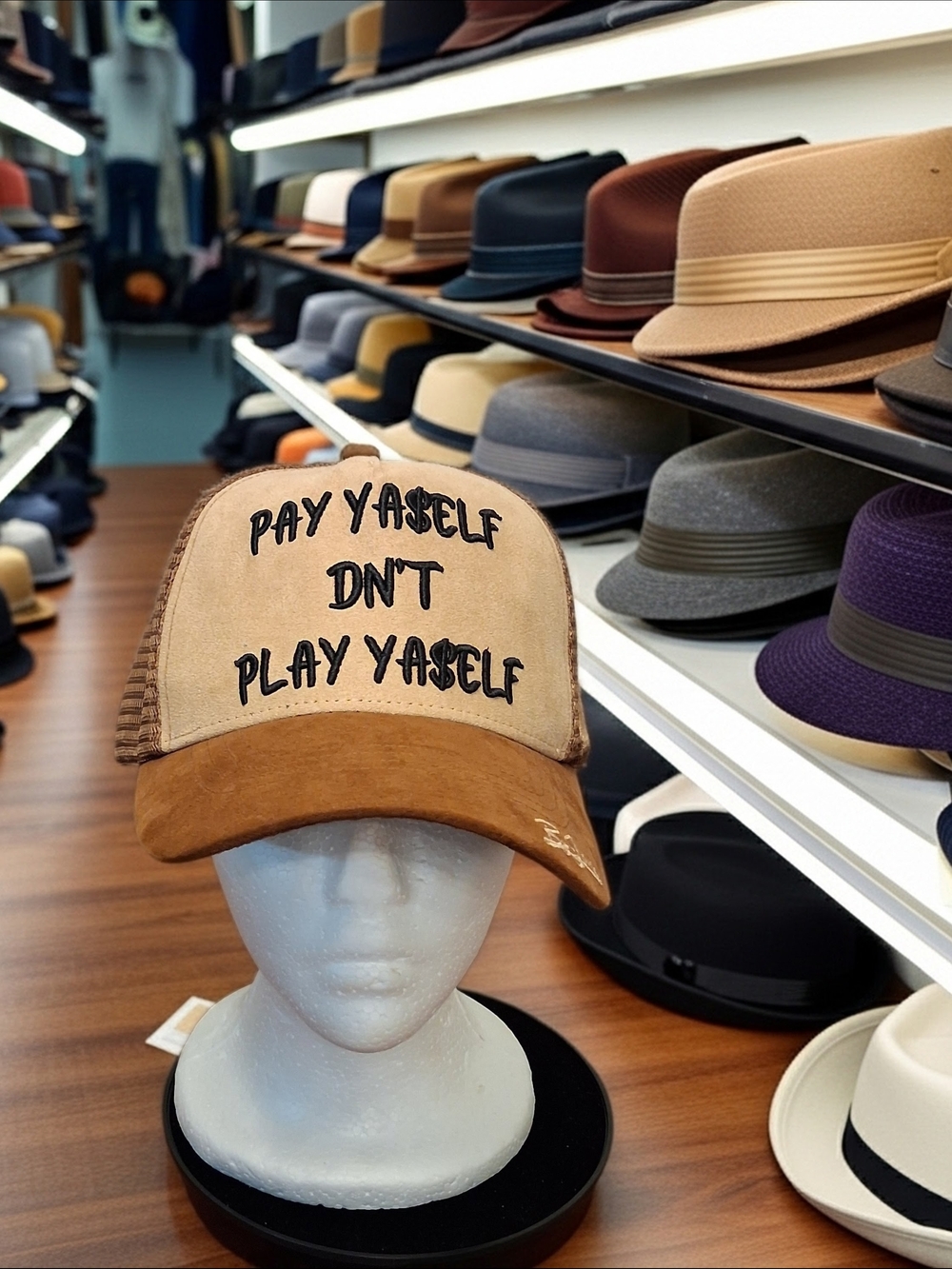"Pay Yaself Dn't Play Yaself"Beige Brown Trucker Cap